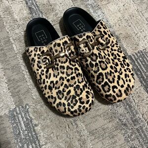 ShuShop Leopard-Print Slip-On Mules with Gold Hardware